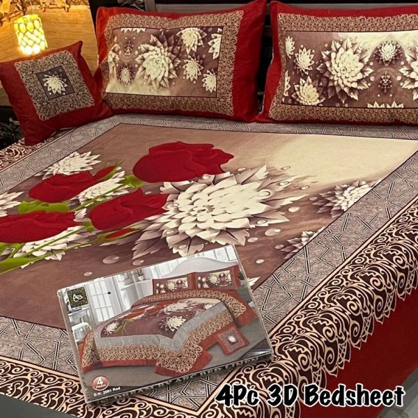 4pc 3d Panel Bed Sheet / 3d Panel Bedsheet Crystal Cotton / 2 Pillow Cases 1 Cusion Case / 1 King Size Bed Sheet