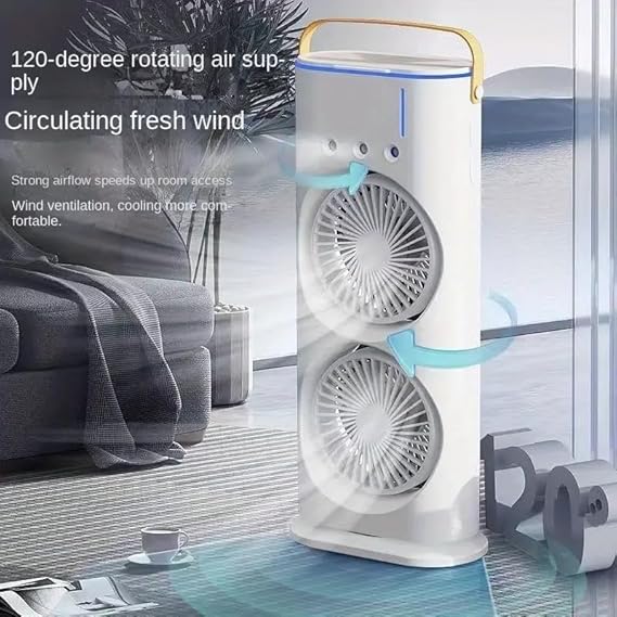 Portable Mini Double Fan Air Cooler With Mist Humidifier And Led Lighting, Mini Table Cooling Fan For Home & Office – Rechargeable (white)